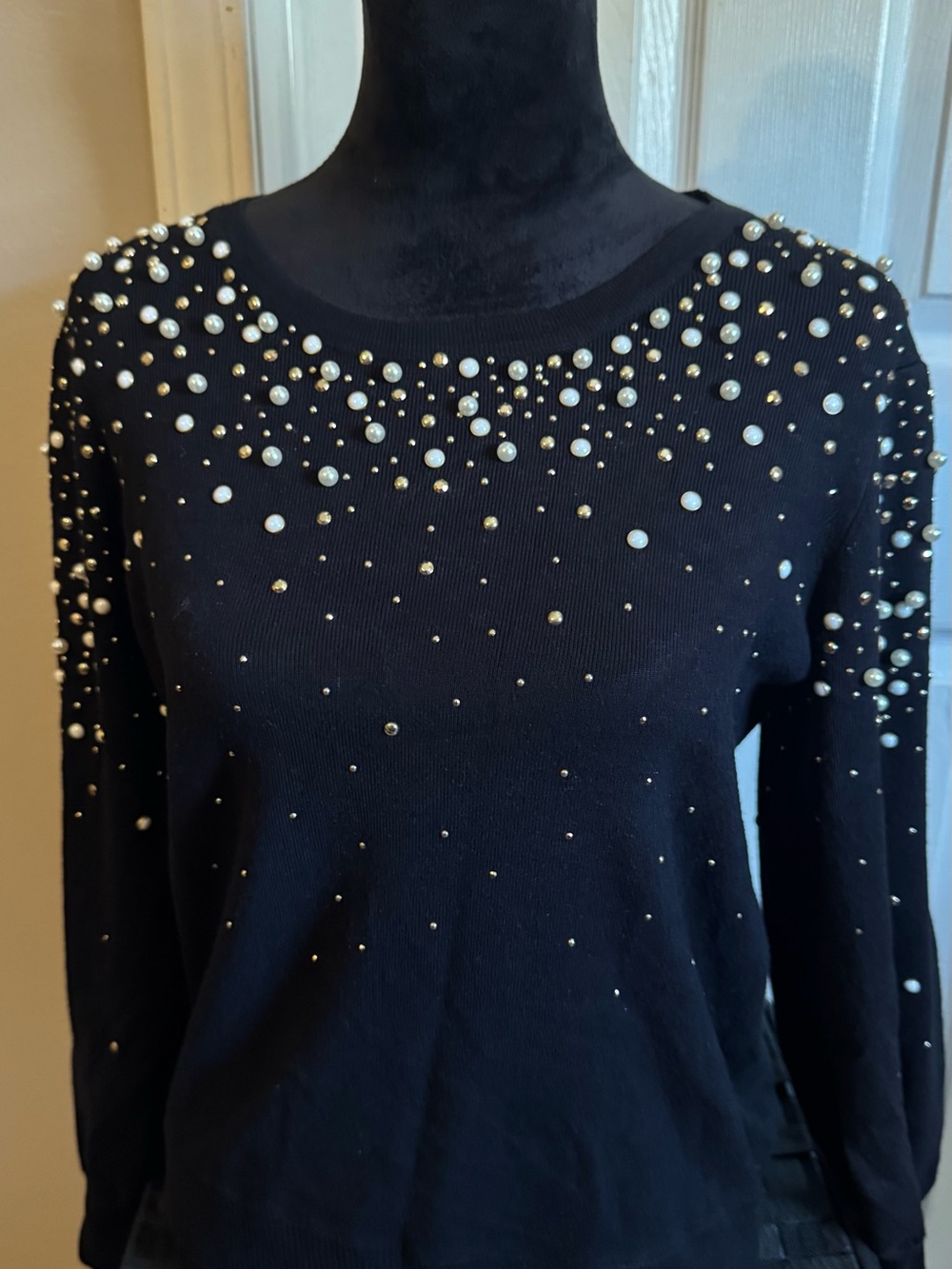 Karl Lagerfeld Black Pearl & Gold-Accent Embellished Sweater
